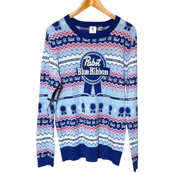 Pabst Blue Ribbon Ugly Christmas Holiday Sweater Blue Red Large - Picture 1 of 3